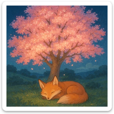 Fox spirit sleeping under a glowing sakura tree. sticker