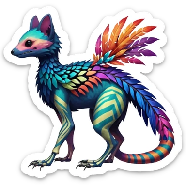 Rare colorful gradients colored realistic dark edgy glossy shiny tropical tribal patterned feathery skeletal badass epic pretty beautiful handsome gorgeous aesthetic colorful vibrant Vernid-Trico-species-Fakemon-creature by LiLaiRa, 4 legs, 1 tail, random markings, (full body) sticker