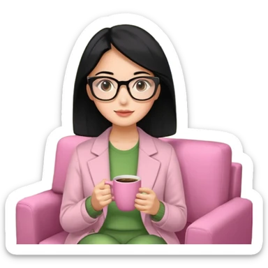 Chica de pelo negro ojos negros y piel morena con lentes oversize square GAFAS DE LEER BIEN GRANDES , ropa de color verde , sentada en una sala de casa , en la mano derecha una taza de cafe en color rosa con una flor negra de diseno. Sentada mirando un drama koreano en la television.  sticker