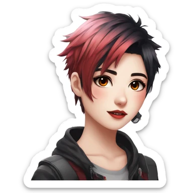 Gorgeous anime style tomboy-lady with blushing face aesthetic and pretty edgy black red punk hair with hair garment trending style sticker