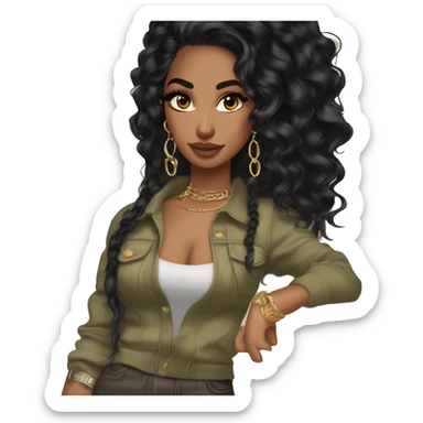 Glamorous, streetwear, black balayage hair, long wavy hair, olive skin, brown almond eyes, winged eyeliner with big lashes, wearing hooped earrings, rings and bracelets  sticker