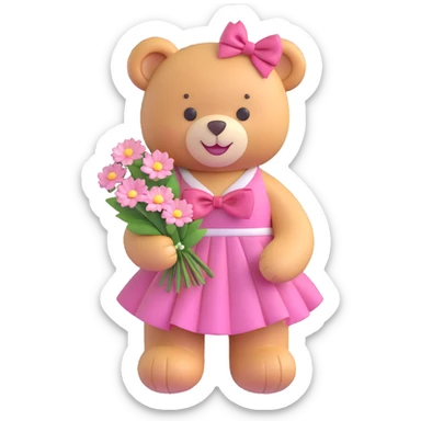 A cute teddy bear with a pink bow on its head, holding a bouquet of white flowers, in a 3D iOS Disney style, with a soft pink background and hearts floating around, wearing a pink dress and a big smile. sticker