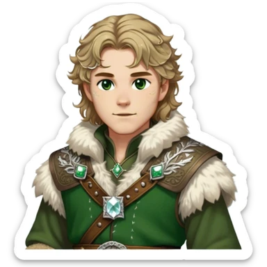 Medieval winter outfit worn by a DnD themed fantasy male character. Heavy olive green wool tunic with lynx fur collar, secured with ornate silver fastenings and a thick embossed leather belt. Clothes only above the waist, full waist coverage. The character has no arms. Character is white-skinned with golden brown hair, forest green eyes, and shoulder-length wavy hair with ice-crystal highlights. sticker