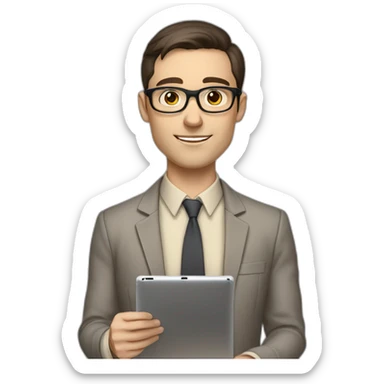 Pale skinned fit man with dark brown hair in gray jacket, beige office shirt, brown tie, brown pants and vintage glasses Writing on the tablet sticker