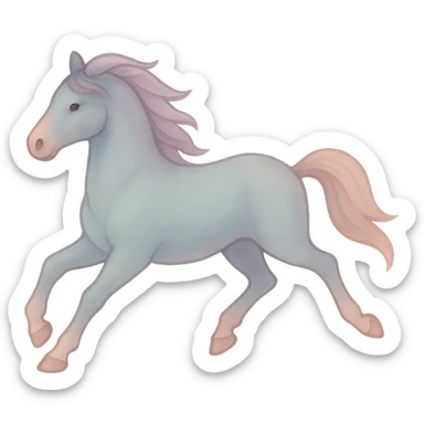 Edit the horse in Chinese eastern style with pastel palette #98B5BC, #B5B3C1, #C9A3C9, #E4C0CA, #F7DCD1, #F7C0AA. Use thin clean outlines, soft rounded shapes, detailed shadows and highlights, soft lighting, transparent background. Make it less cute and without decoration. Second frame: body position and appearance as in the original image, but legs changed to gallop phase — front legs bent, hind legs extended. sticker