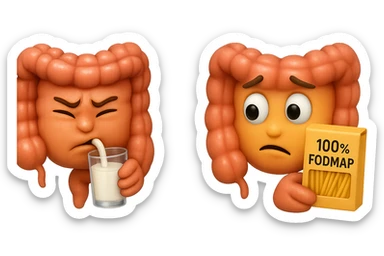 emoji stile iphone di un intestino che beve latte e ha un espressione di dolore e un intestino che guarda un pacco di pasta con la scritta "100% FODMAP" SULL'ETICHETTA CON ESPRESSIONE CONFUSA, iperrealistico 4k, isolato su sfondo bianco sticker