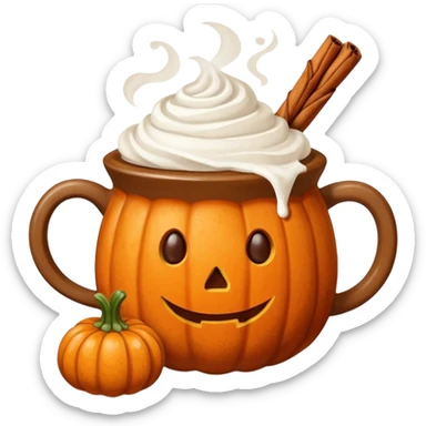 Steaming coffee Mug with whipped Cream and cinnamon Dust on Cream.  Small Punkin and 3 sticks of cinnamon next to mug sticker