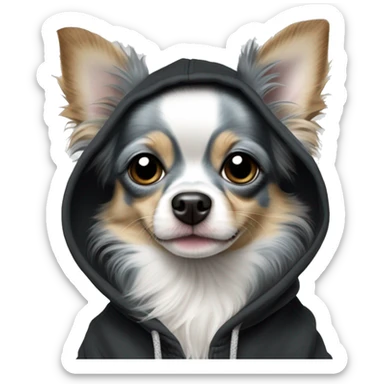 Realistic blue Merle long hair chihuahua dog in a black hoody sticker