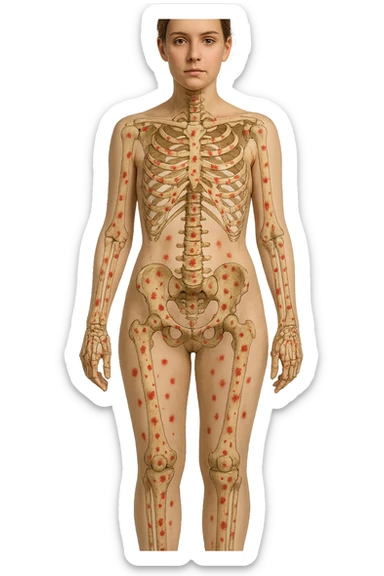 donna realistica a figura intera con red spot sparsi alle ossa, ossa del corpo visibili sul corpo, non sul volto iperrealistico 4k sticker