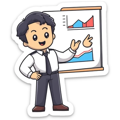 Management educator with black wavy hair, stubble, strong features, white skin, smart casual attire, gesturing while giving a business presentation, enthusiastic teaching expression sticker