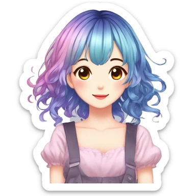 Gorgeous anime style shojo character with blushing face aesthetic and pretty colorful shiny gradient hair with hair garment trending style sticker