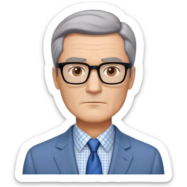 Middle-aged man around 50 with oversized square jawline that's broader than his forehead. Large dark square-framed glasses, short straight hair with subtle graying and side part. Serious expression. Light gray blazer, white button-up shirt with blue checkered pattern. sticker
