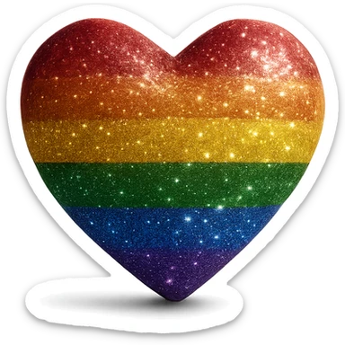 Add a glitter effect to the 3D floating realistic pride heart in photorealistic style with no background. Enhance the sparkling glitter details on the surface of the heart to make it shimmer realistically. sticker