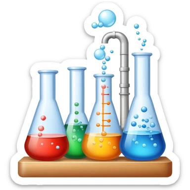 An icon featuring laboratory flasks with tubes, symbolizing chemistry. The design includes liquid and powder substances, a chemical reaction with bubbles, and molecular formulas, representing chemical processes like hydrolysis. Transparent background sticker