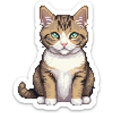 Cute tabby cat with white stomach, pixelated style, sitting to show white belly sticker
