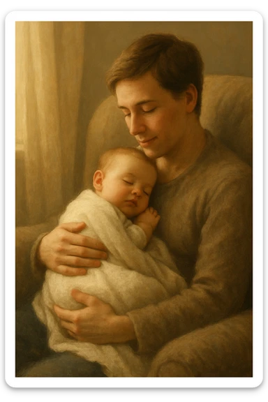 A peaceful scene of a baby sleeping in the arms of a parent, with the parent gently holding the baby against their chest. The setting is soft and calm, with warm lighting and a nurturing atmosphere. The parent is sitting on a cozy chair, looking down lovingly at the child. The baby is wrapped in a blanket, both look serene and safe. sticker