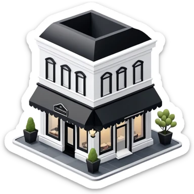 Isometric exterior little black and white fancy modern steakhouse restaurant dollhouse style 3D realistic  sticker