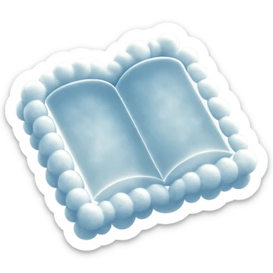 top view of a thick open book made entirely of small, very bright white fluffy convex clouds, matte glass style sticker