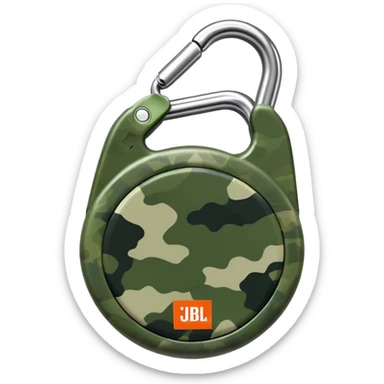 Minimal JBL Clip 4 with proper circular form, carabiner clip, green camouflage, and JBL branding visible, iOS emoji style sticker
