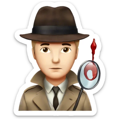 Icon for Detective Movie: A vintage movie poster-style design featuring a close-up of a detective. The scene includes faint traces of blood on the asphalt, hinting at a murder. Retro cinematic typography. Transparent background. sticker