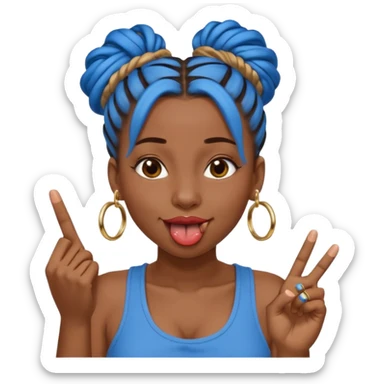 brown girl with blue locs in a bun with tongue out giving middle finger sticker