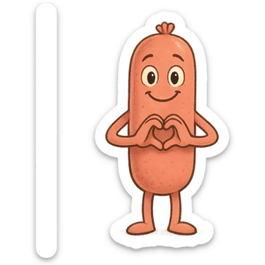a smiling sausage-shaped humanoid with a pinkish-orange body, simple arms and legs, big eyes, and a happy smile, forming a heart with its hands sticker
