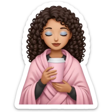 hispanic woman, brown skin, black long 3b curls, closed eyes, feminine face, holding soft pink coffee cup with beige blanket over shoulders sticker