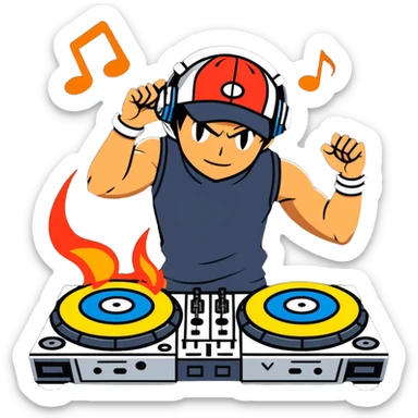 Hot handsomeb muscular 6ft tall ash ketchum being a  dj and his music is on fire while face to face with a dancing dude sticker