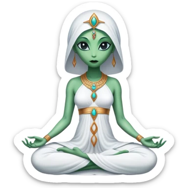 a Reptilian alien woman,in meditation, white dress like a priestess sticker