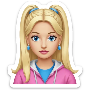 Me Julie from Ali G Indahouse with blue eyes, blonde long ponytail hair, pink outfit sticker