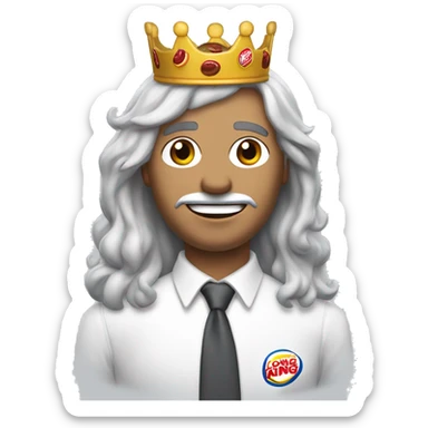 a man in a white button up shirt with long gray hair and a burger king crown white skin sticker