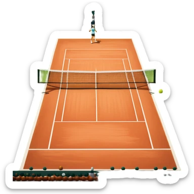 A tennis court at the Roland Garros tournament, with the iconic clay surface and a tennis ball bouncing near the net. The scene evokes the energy and excitement of the grand event, with vibrant crowds in the stands and a competitive atmosphere. sticker