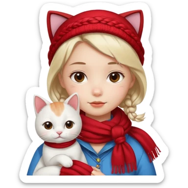 kawaii girl with a braid and a red scarf, holding a cute white cat on her shoulder, smooth and glossy texture, soft lighting, frontal view, high resolution sticker