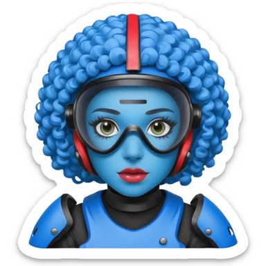 blue curly girl with huge earringswearing paintball with red paintball helmet with eye protection, only face  sticker