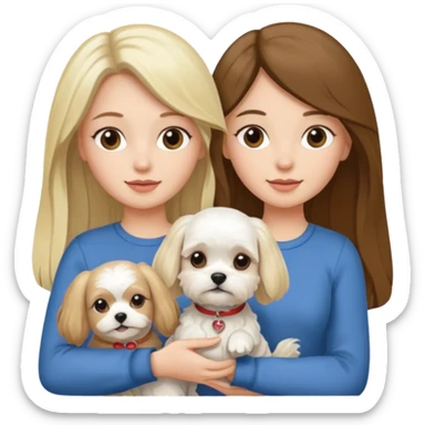 two women are holding only one Maltese dog. one woman is brunette the other woman is blonde long haired  sticker