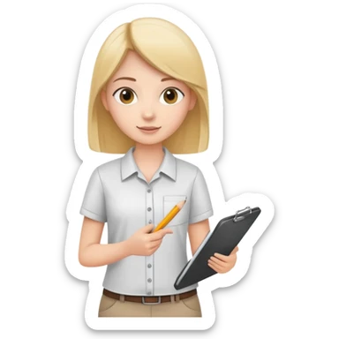 intern or volunteer holding a clipboard and pencil, ready to take notes or assist. The character wears a simple shirt and has an eager posture sticker