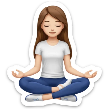 Brown long haired white girl with closed eyes in dark blue leggings and a white t-shirt sits on the splits sticker