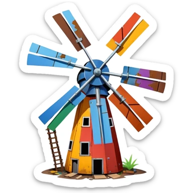 fun and inventive windmill assembled from random junkyard finds, uneven blades sticker