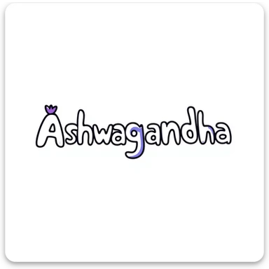 The word "Ashwagandha" hand-drawn in white text with a few purple and blue color accents. Simple doodle style with clean design. sticker
