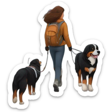 bernese mountain dog hiking with a woman with brown hairr in snow near a fjord sticker