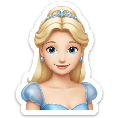 Cinematic Radiant Cinderella Portrait Emoji, rendered in a clean vector-style with bold proportions. Show Cinderella with a warm, serene smile, fair skin, and lustrous blonde hair, wearing a simple yet elegant dress that shimmers with gentle light. The image glows with an inviting, soft radiance and high shine, embodying timeless beauty. sticker