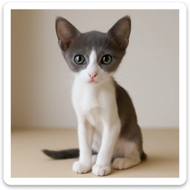 Make the kitten skinnier, keep the fur only gray on top with no stripes, white nose and underbelly, in a realistic style with lifelike details. sticker