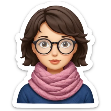 A shy brunette hair wavy short hair woman with big round glasses and thick scarf, blushing from the cold. sticker