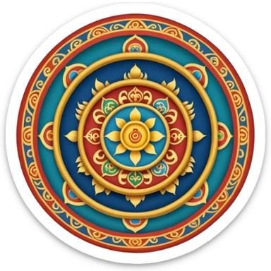 Tibetan Wheel of Life (Bhavachakra) emoji, traditional thangka-inspired, ornate patterns, symbolic animals in center, detailed outer rings, rich colors, simplified for emoji clarity sticker