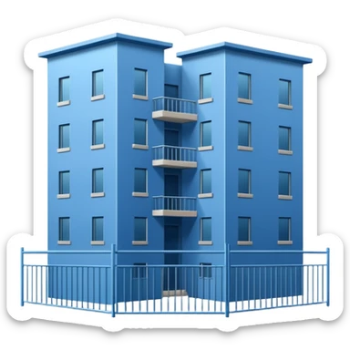 blue rectangular 9-story apartment building surrounded by fence, closed courtyard, minimal flat vector icon sticker
