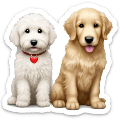 Make one of a white fluffy goldendoodle and a puppy golden retriever with a heart between them sticker