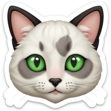 Haz una gata de ojos verdes la cara blanca con mancha negra en las orejas que agarra parte de la frente del lado der pero del iz va desde el ojo hasta la oreja la mancha, tiene la nariz negra en forma de corazón y todo lo que sobra de la cara, barbilla la nariz arriba y el lado de bigotes es blanca sticker