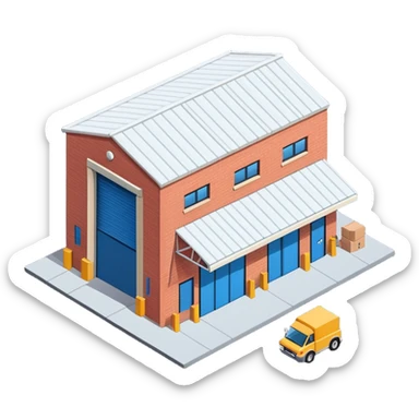 Single story warehouse building in isometric view with loading dock and roll-up door sticker