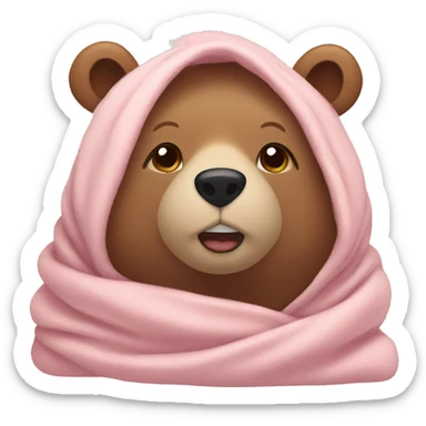 bear cozy in a light pink blanket sticker