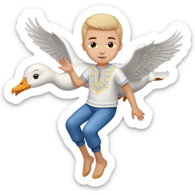 A boy in a Ukrainian white embroidered shirt flies on a white goose sticker